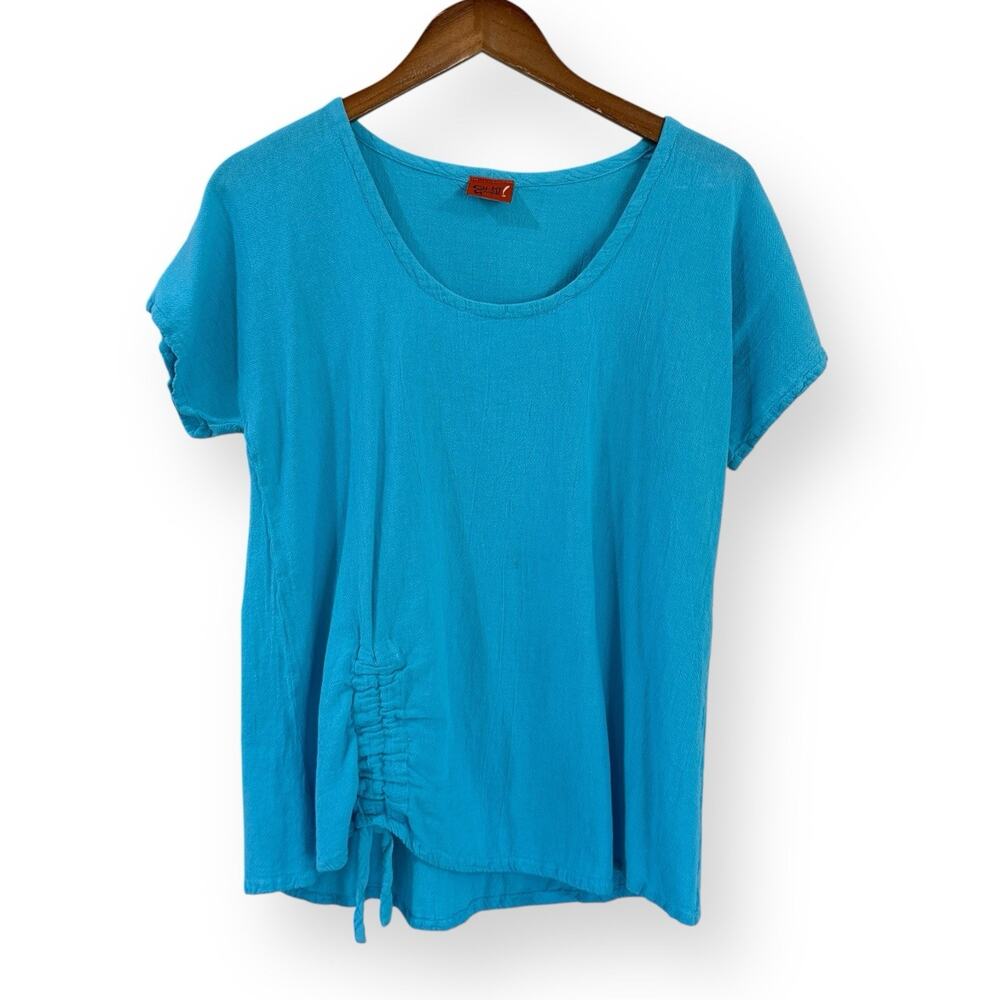 Oh My Gauze! Women's Size 1 (S/M) Blue Teal Short Sleeve Cinched Side Shirt